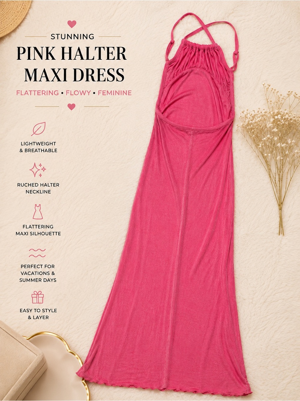 Pink Halter Maxi Dress - Flattering Flowy Summer Dress